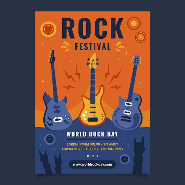 Modello di poster per la giornata mondiale del rock piatto con chitarre