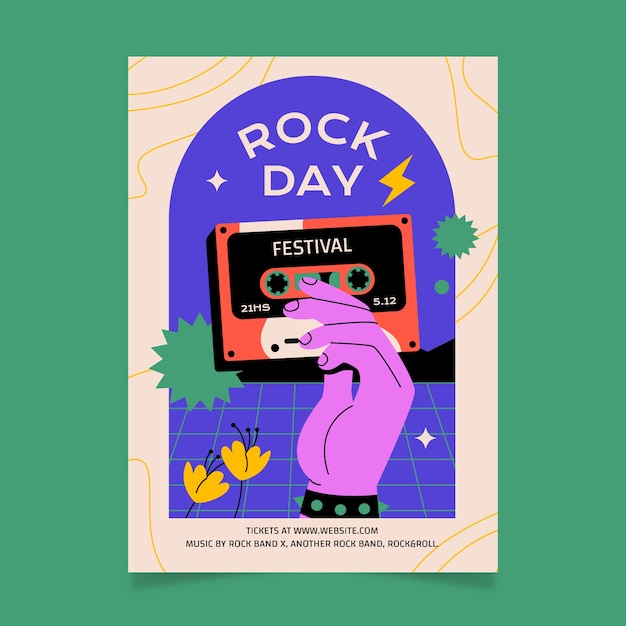 Flat world rock day poster template with hand holding casette