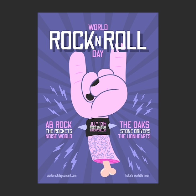 Flat world rock day poster template with hand showing rock hand