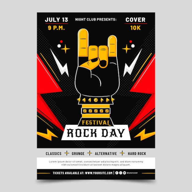 Flat world rock day poster template with hand showing rock sign