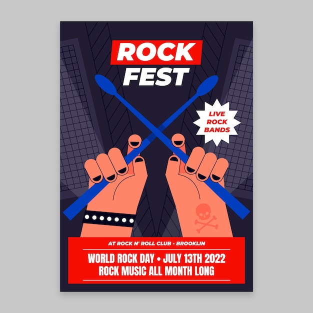 Modello di poster per la giornata mondiale del rock piatto con le mani che tengono le bacchette