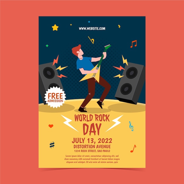 Free vector flat world rock day poster template with male musician playing guitar