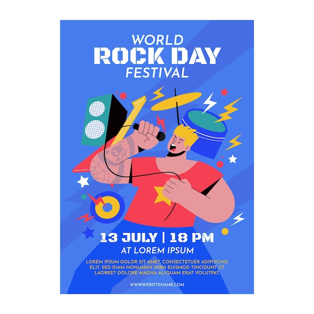 Flat world rock day poster template with man singing and musical instruments