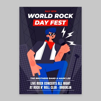 Плоский шаблон плаката всемирного дня рока с музыкантом, поющим в микрофон