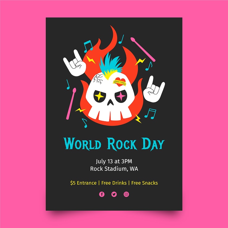 Free Vector flat world rock day poster template with skull and hands showing rock sign