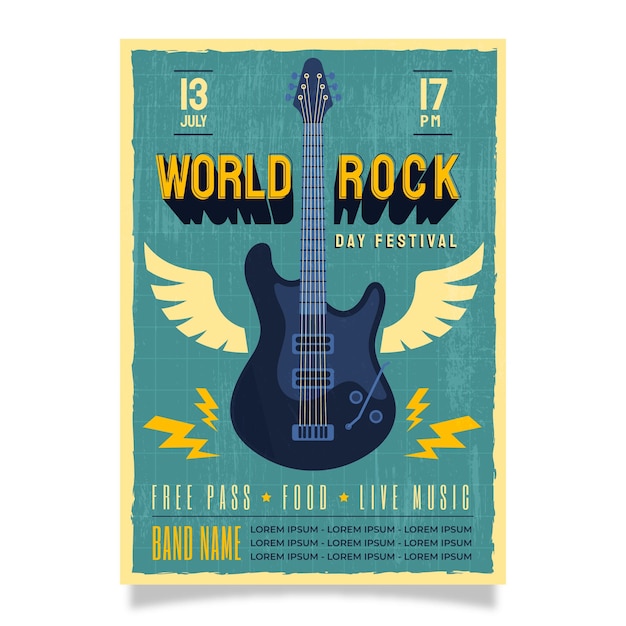 Vettore gratuito modello di poster verticale piatto giornata mondiale del rock con chitarra con le ali