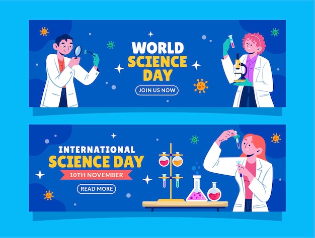 Set di banner orizzontali per la giornata mondiale della scienza piatta