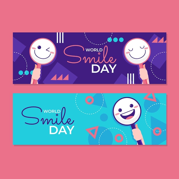 Flat world smile day horizontal banners set