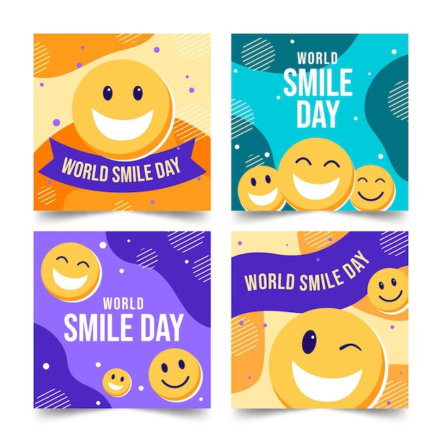 Vettore gratuito collezione di post instagram per la giornata mondiale del sorriso piatto