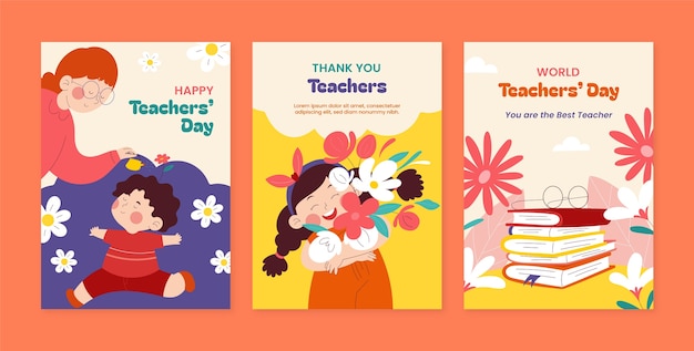 Free vector flat world teachers' day greeting cards collection