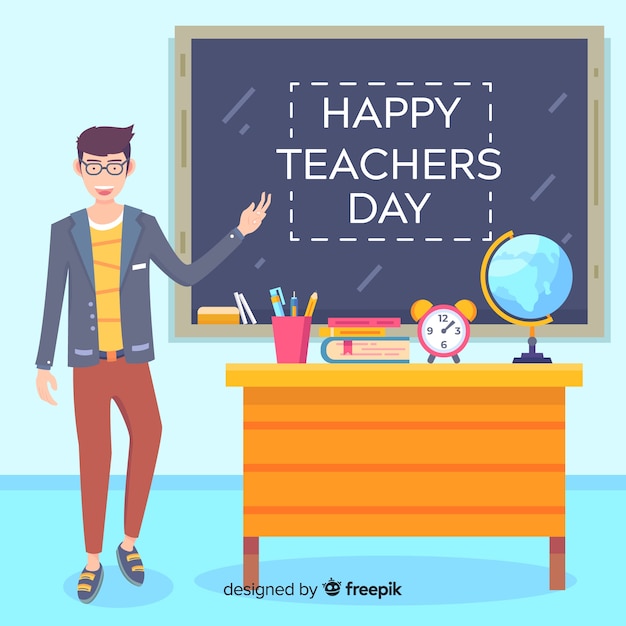 교실에서 교사와 평평한 세계 교사의 날