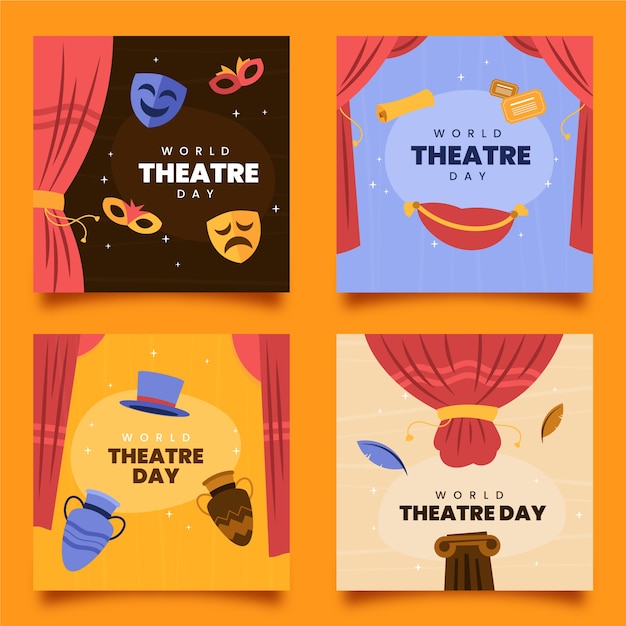 Free vector flat world theatre day instagram posts collection