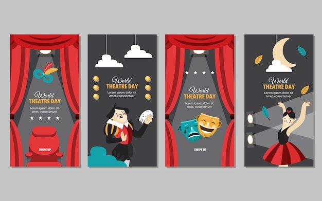 Free vector flat world theatre day instagram stories collection