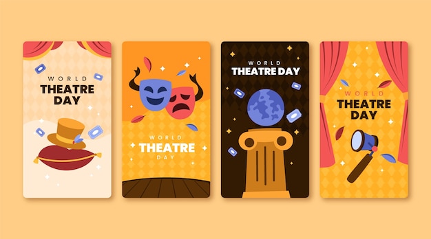 Vettore gratuito collezione di storie di instagram per la giornata mondiale del teatro piatto