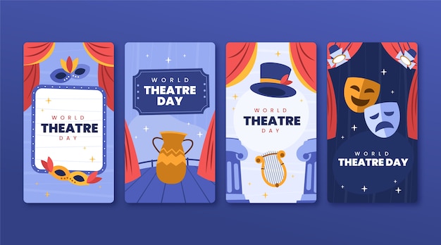 Free vector flat world theatre day instagram stories collection