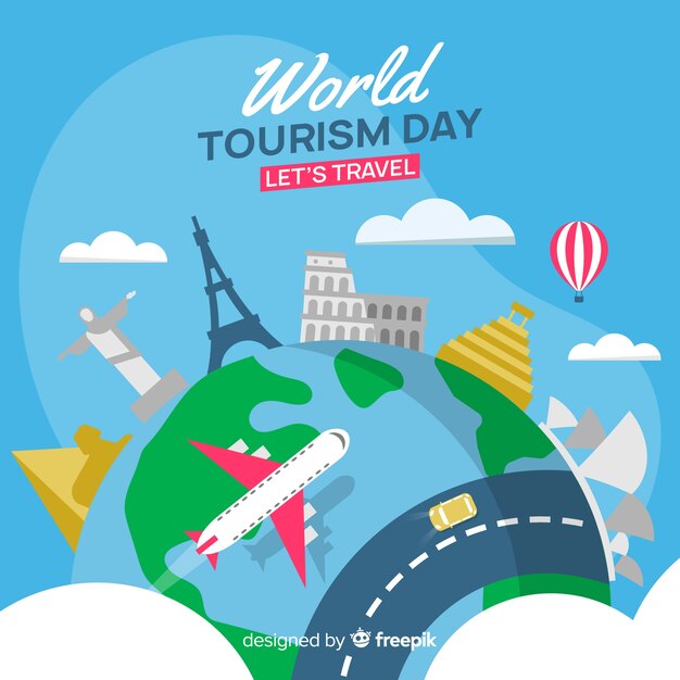 Плоский Всемирный день туризма фон с достопримечательностями