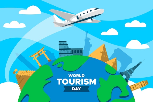 Flat world tourism day with airplane