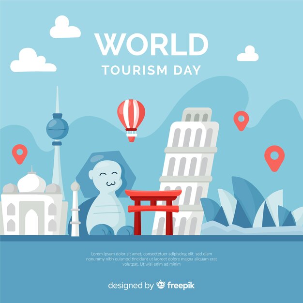 Flat world tourism day with landmarks and transport