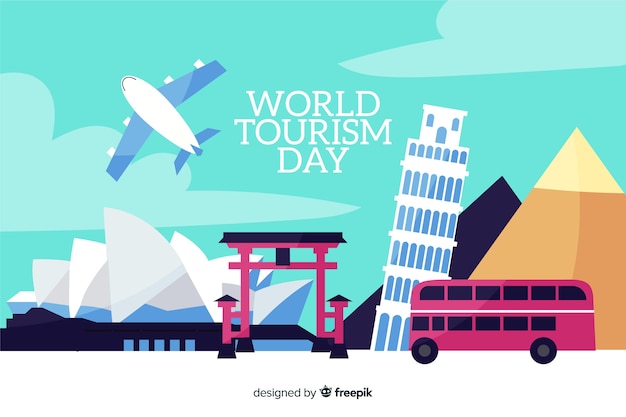 Free vector flat world tourism day with transport and landmarks