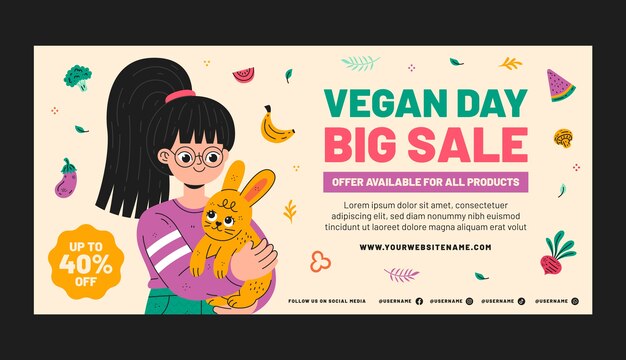 Flat world vegan day horizontal sale banner template