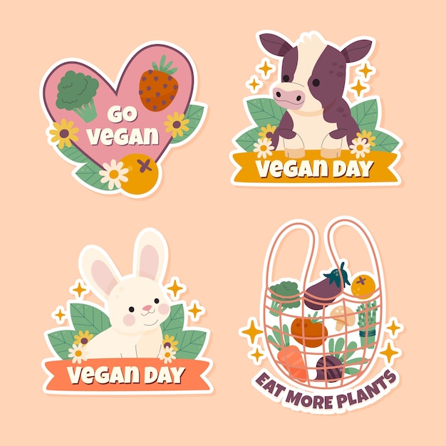 Free vector flat world vegan day labels collection
