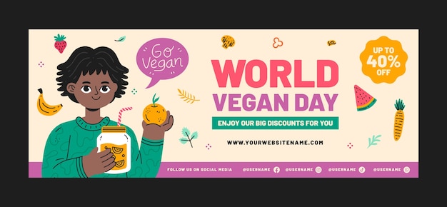 Vettore gratuito modello di copertina dei social media per la giornata mondiale vegana piatta