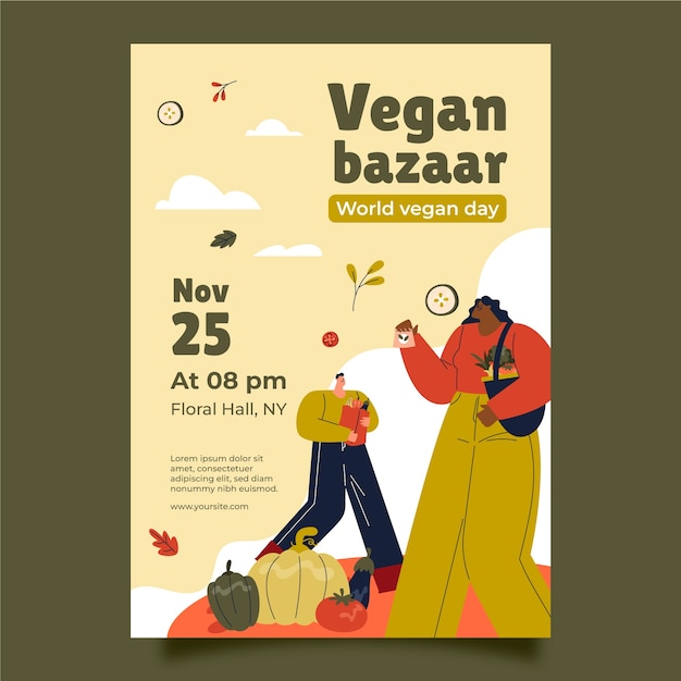 Flat world vegan day vertical poster template