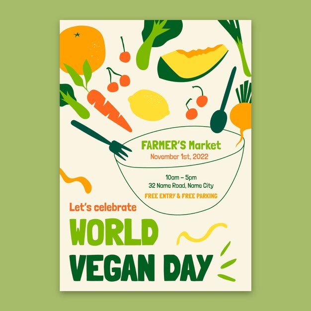 Flat world vegan day vertical poster template
