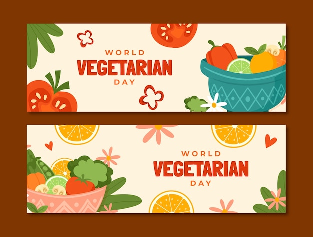 Vettore gratuito modello di banner orizzontale per la giornata mondiale vegetariana piatta