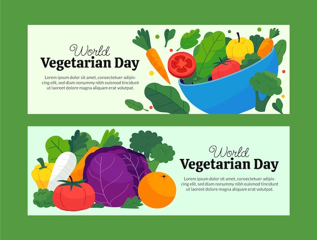 Flat world vegetarian day horizontal banners set