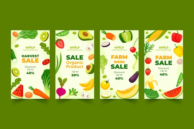 Free vector flat world vegetarian day instagram stories collection