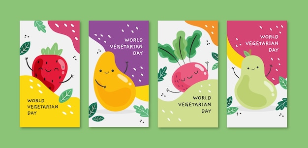 Vettore gratuito raccolta di storie di instagram per la giornata vegetariana del mondo piatto