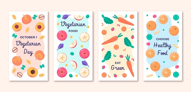 Vettore gratuito raccolta di storie di instagram per la giornata vegetariana del mondo piatto