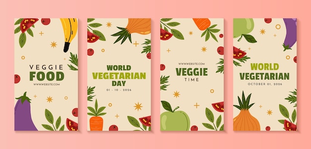 Vettore gratuito raccolta di storie di instagram per la giornata vegetariana del mondo piatto