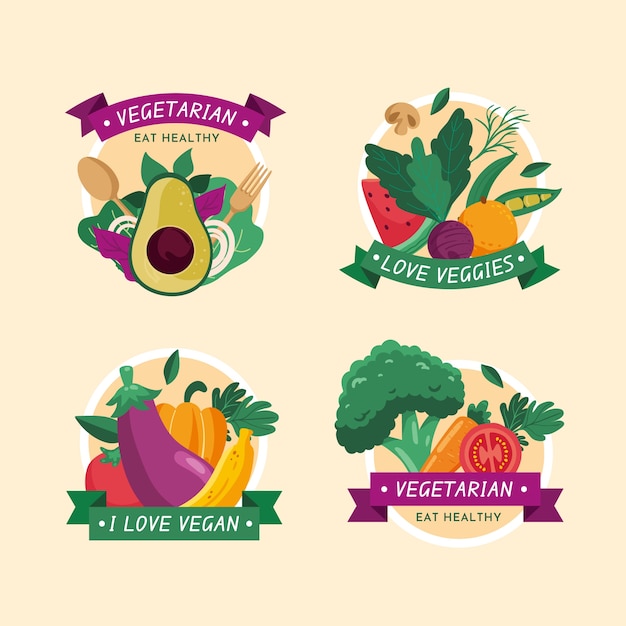 Бесплатное векторное изображение Коллекция этикеток дня вегетарианцев плоского мира