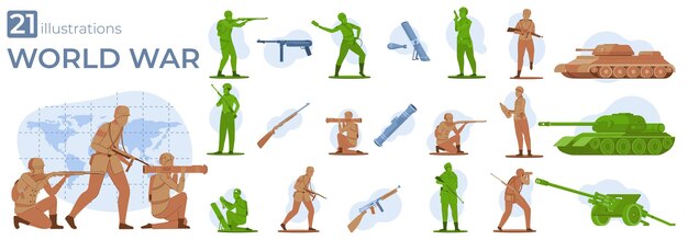 Flat world war set with soldiers holding weapons military equipment and map isolated vector illustration