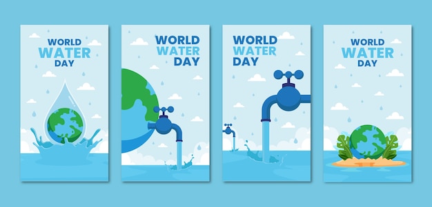 Vettore gratuito collezione di storie di instagram per la giornata mondiale dell'acqua piatta