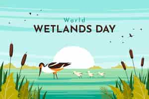 Free vector flat world wetlands day background with floral and fauna