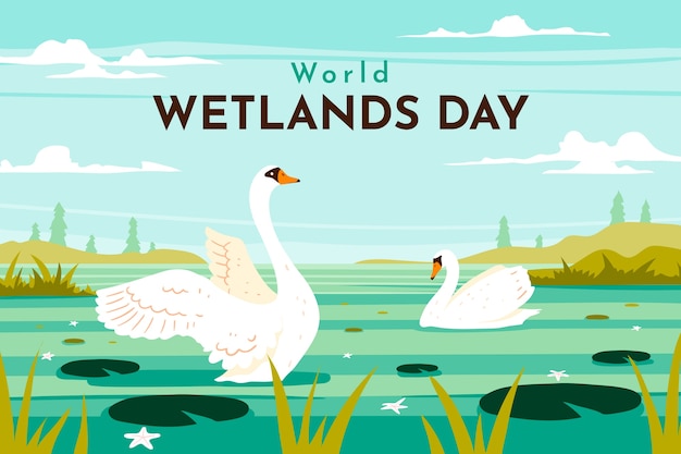 Free vector flat world wetlands day background with floral and fauna