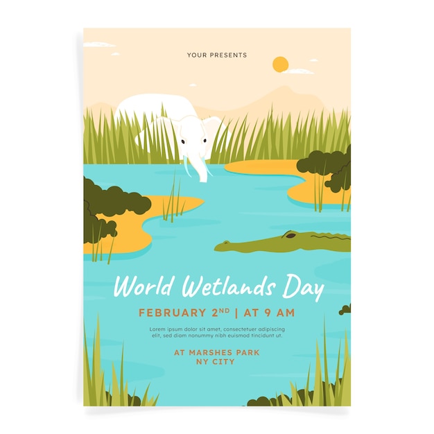 Flat world wetlands day vertical poster template