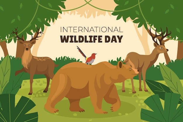 Flat world wildlife day background with animals