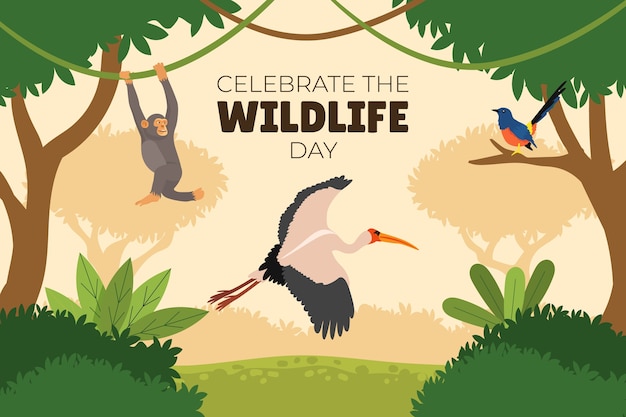 Free vector flat world wildlife day background with animals