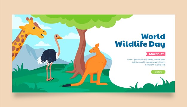 Flat world wildlife day horizontal banner template with animals