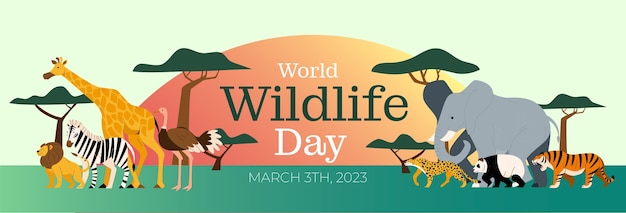 Flat world wildlife day horizontal banner template with fauna and flora