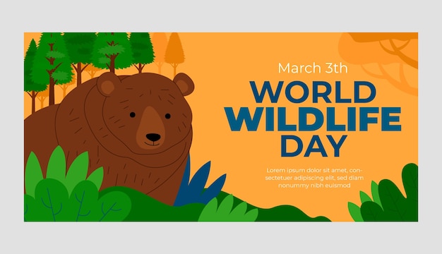 Flat world wildlife day horizontal banner template with fauna and flora