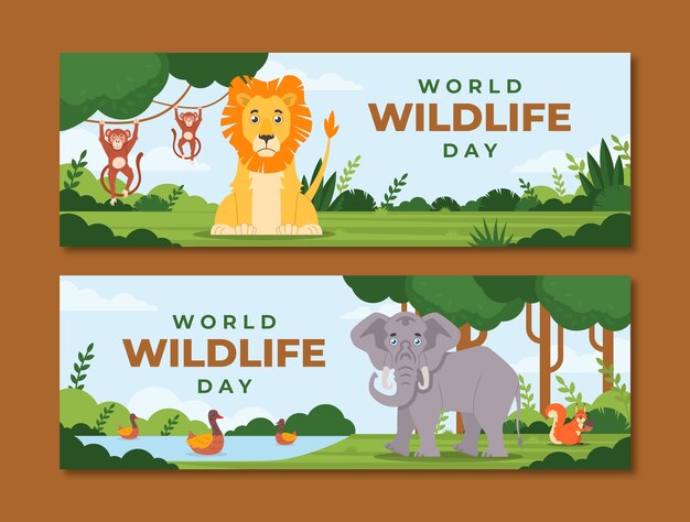 Flat world wildlife day horizontal banners set with fauna and flora