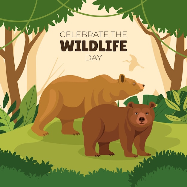 Flat world wildlife day illustration with animals