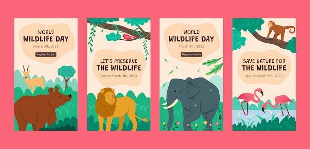 Vettore gratuito collezione di storie di instagram per la giornata mondiale della fauna selvatica piatta con fauna e flora