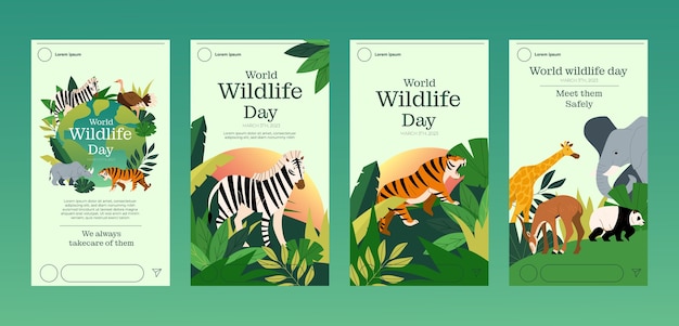 Flat world wildlife day instagram stories collection with fauna and flora