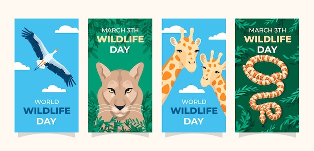 Free vector flat world wildlife day instagram stories collection with fauna and flora